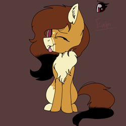 Size: 2000x2000 | Tagged: safe, artist:brokensilence, oc, oc only, oc:evelyn, earth pony, pony, :p, :t, brown background, chest fluff, cute, ear fluff, fluffy, heart, looking at you, one eye closed, reference sheet, simple background, sitting, smiling, solo, tongue out, wink