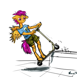 Size: 2512x2512 | Tagged: safe, artist:kovoranu, derpibooru import, scootaloo, anthro, unguligrade anthro, clothes, grinding, rail grinding, scooter, shorts, solo, traditional art