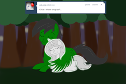 Size: 1200x800 | Tagged: safe, artist:hummingway, oc, oc only, oc:feather hummingway, pegasus, pony, unicorn, ask-humming-way, hug, prone, tumblr