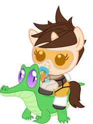 Size: 836x1117 | Tagged: safe, artist:red4567, derpibooru import, gummy, pony, baby, baby pony, crossover, cute, overwatch, pacifier, ponies riding gators, ponified, riding, tracer