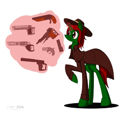 Size: 4300x4075 | Tagged: safe, artist:derpanater, derpibooru import, oc, oc only, oc:percussion cap, pony, unicorn, absurd resolution, clothes, coat, derringer, duster, gun, handgun, hat, magic, pistol, sawed off shotgun, shotgun, telekinesis, weapon