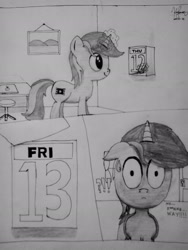 Size: 1536x2048 | Tagged: safe, artist:kimjoman, oc, oc only, oc:purple flix, pony, comic, friday the 13th, grayscale, monochrome, solo, traditional art