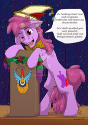 Size: 1024x1448 | Tagged: safe, artist:reptilianbirds, berry punch, berryshine, earth pony, pony, bipedal, bipedal leaning, drunk, german, leaning, podium, solo, translated in the comments, watermark