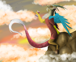 Size: 2366x1907 | Tagged: safe, artist:vinicius040598, discord, draconequus, cliff, glass, sitting, sky, solo, wine glass