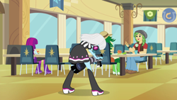 Size: 1280x720 | Tagged: safe, derpibooru import, screencap, mystery mint, photo finish, sandalwood, equestria girls, friendship games, photo finished, boots, cafeteria, celery, clothes, food, football, high heel boots, orange, shoes, table