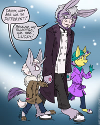 Size: 965x1200 | Tagged: safe, artist:kaemantis, dandy grandeur, zesty gourmand, oc, oc:doradus grandeur, anthro, donkey, mule, muleicorn, unguligrade anthro, anthro oc, clothes, family, father and child, father and daughter, father and son, female, filly, gradient background, male, parent and child, speech bubble, trio, younger