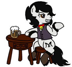 Size: 640x600 | Tagged: safe, artist:ficficponyfic, derpibooru import, oc, oc only, oc:double m, earth pony, pony, apple cider, bedroom eyes, bell, bell collar, boots, chair, clothes, collar, flirting, male, mug, one eye closed, sitting, smiling, solo, stallion, table, vest, wink
