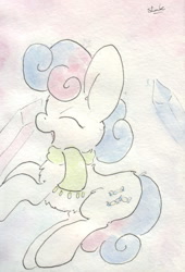 Size: 692x1019 | Tagged: safe, artist:slightlyshade, bon bon, sweetie drops, clothes, cute, fluffy, scarf, solo, traditional art