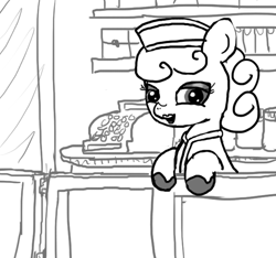 Size: 640x600 | Tagged: safe, artist:ficficponyfic, derpibooru import, oc, oc only, earth pony, pony, cash register, clothes, colt quest, counter, cyoa, eyeshadow, female, hat, lips, makeup, mare, shelf, shelves, shoes, solo, story included, waitress, window