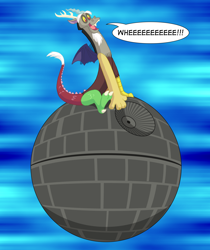 Size: 1920x2283 | Tagged: safe, artist:bennythebeast, derpibooru import, discord, crossover, death star, solo, star wars, xk-class end-of-the-world scenario