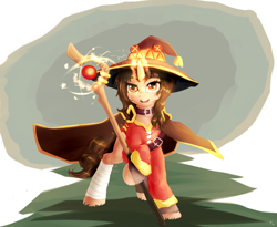 Size: 2270x1859 | Tagged: safe, artist:sapsan, derpibooru import, clothes, commission, crossover, dress, konosuba, mage, megumin, ponified, simple background, skirt, solo, wand