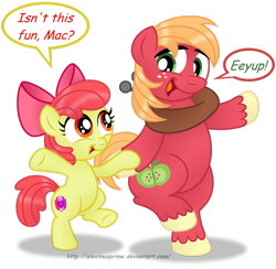 Size: 1024x1000 | Tagged: safe, artist:aleximusprime, apple bloom, big macintosh, earth pony, pony, bipedal, brother and sister, commission, cutie mark, dancing, duo, female, filly, male, open mouth, siblings, simple background, smiling, speech bubble, stallion, the cmc's cutie marks, transparent background