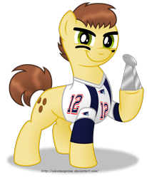 Size: 2084x2530 | Tagged: safe, artist:aleximusprime, pony, american football, clothes, commission, looking at you, male, new england patriots, nfl, ponified, simple background, smiling, solo, stallion, super bowl, tom brady, transparent background, trophy, vince lombardi trophy