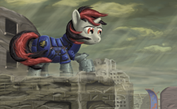 Size: 4337x2673 | Tagged: safe, artist:morevespenegas, derpibooru import, oc, oc only, oc:blackjack, pony, unicorn, fallout equestria, fallout equestria: project horizons, level 1 (project horizons), ruins