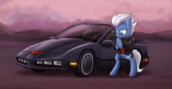 Size: 899x467 | Tagged: safe, artist:buckweiser, derpibooru import, night glider, 80s, car, clothes, kitt, knight rider, leather jacket, pontiac firebird, solo, standing