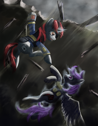 Size: 3108x4000 | Tagged: safe, artist:morevespenegas, derpibooru import, oc, oc only, oc:blackjack, oc:morning glory (project horizons), pony, unicorn, fallout equestria, fallout equestria: project horizons, amputee, falling, female, gloryjack, hanging, lesbian, missing limb, missing wing, oc x oc, one winged pegasus, shipping, stump