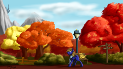 Size: 1920x1080 | Tagged: safe, artist:jinyaranda, derpibooru import, oc, oc only, oc:cloud quake, pegasus, pony, autumn, bench, blank flank, canterlot, chest fluff, cloudy, commission, fence, forest, lamppost, male, mountain, park, raised leg, scarf, scenery, solo, stallion, tree