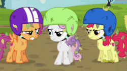 Size: 500x281 | Tagged: safe, derpibooru import, screencap, apple bloom, scootaloo, sweetie belle, the cart before the ponies, angry, animated, cutie mark, cutie mark crusaders, dirty, discovery family logo, helmet, the cmc's cutie marks