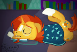 Size: 1024x682 | Tagged: safe, artist:syruph, derpibooru import, sunburst, on side, sleeping, solo