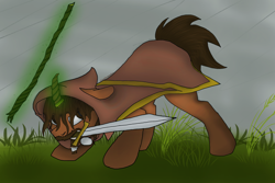 Size: 2000x1333 | Tagged: safe, artist:freeformedto, derpibooru import, oc, oc only, pony, unicorn, aura, beard, cloak, clothes, facial hair, long mane, magic, mouth hold, short tail, solo, staff, stare, sword, tail, weapon