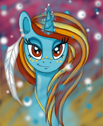 Size: 450x551 | Tagged: safe, artist:angelicmodivation, derpibooru import, oc, oc only, oc:simplicity, pony, unicorn, bust, feather, full face view, magic, portrait, solo