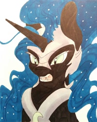 Size: 900x1125 | Tagged: safe, artist:moondaneka, derpibooru import, nightmare moon, growling, open mouth, solo, traditional art