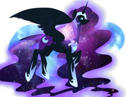 Size: 1024x786 | Tagged: safe, artist:pinkiecitrine, derpibooru import, nightmare moon, flying, galaxy mane, smiling, solo