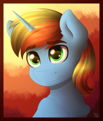 Size: 2000x2350 | Tagged: safe, artist:spirit-dude, oc, oc only, oc:little jester, pony, unicorn, bust, gift art, green eyes, male, portrait, signature, smiling, solo, stallion