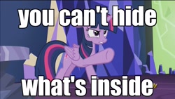 Size: 1920x1080 | Tagged: safe, edit, edited screencap, screencap, twilight sparkle, twilight sparkle (alicorn), alicorn, pony, what about discord?, angry, discovery family logo, image macro, meme, no weenies allowed, pointing, solo, spongebob squarepants