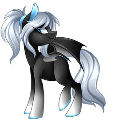 Size: 1842x1931 | Tagged: safe, artist:scarlet-spectrum, oc, oc only, oc:serac, bat pony, pony, blue eyes, commission, fangs, female, gradient hooves, mare, ponytail, simple background, slit eyes, smiling, solo, transparent background, white hair