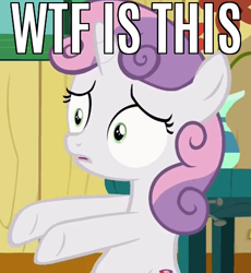 Size: 437x475 | Tagged: safe, derpibooru import, screencap, sweetie belle, the fault in our cutie marks, caption, meme, reaction image, solo, text
