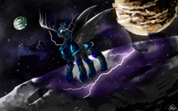 Size: 1024x640 | Tagged: safe, artist:kitcatstudio, derpibooru import, nightmare moon, armor, glowing eyes, lightning, magic, moon, planet, solo, space, spread wings