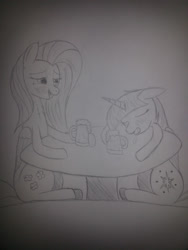 Size: 2448x3264 | Tagged: safe, artist:taurson, derpibooru import, fluttershy, twilight sparkle, twilight sparkle (alicorn), alicorn, pegasus, pony, drool, drunk, drunk twilight, drunkershy, female, lidded eyes, mare, monochrome, mug, sitting, traditional art