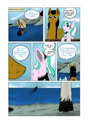 Size: 931x1300 | Tagged: safe, artist:darkhestur, derpibooru import, oc, oc only, oc:dark, oc:dustlight, comic, dialogue, ocean, off text, panels, ship, shores