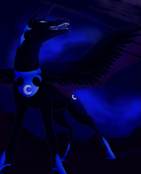 Size: 813x1000 | Tagged: safe, artist:fizzgryphon, derpibooru import, nightmare moon, night, open mouth, solo, spread wings, stars