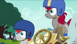 Size: 1920x1088 | Tagged: safe, derpibooru import, screencap, train tracks (character), pony, the cart before the ponies, crimson skate, helmet, wide eyes