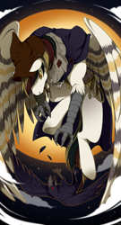 Size: 648x1200 | Tagged: safe, artist:mr-tiaa, derpibooru import, oc, oc only, oc:silent flight, hippogriff, claws, clothes, costume, flying, night, nightmare night, scarecrow