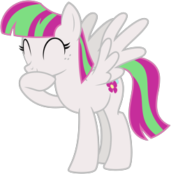 Size: 5000x5095 | Tagged: safe, artist:nano23823, derpibooru import, blossomforth, hurricane fluttershy, .svg available, absurd resolution, eyes closed, laughing, raised hoof, simple background, solo, spread wings, transparent background, vector