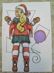 Size: 2736x3648 | Tagged: safe, artist:szarlotki, surprise, human, g1, boots, clothes, hat, humanized, markers, mittens, santa hat, socks, solo, striped socks, traditional art