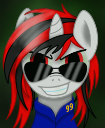 Size: 1080x1318 | Tagged: safe, artist:steam-loco, oc, oc only, oc:blackjack, pony, unicorn, fallout equestria, fallout equestria: project horizons, deal with it, female, looking at you, mare, solo, sunglasses