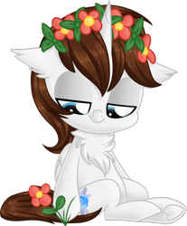 Size: 1024x1235 | Tagged: safe, artist:kellythedrawinguni, oc, oc only, oc:miles, alicorn, pony, alicorn oc, chest fluff, chibi, floral head wreath, flower, male, simple background, sitting, solo, stallion, transparent background