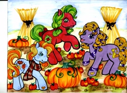 Size: 2336x1700 | Tagged: safe, artist:skypinpony, derpibooru import, applejack (g3), autumn skye, g3, apple, autumn, autumn crisp, clothes, food, pumpkin, scarf, traditional art