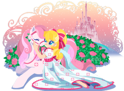 Size: 1280x939 | Tagged: safe, artist:sakuyamon, megan williams, sundance, human, g1, bridle, bush, contest, contest entry, dream castle, duo, flower, rose, simple background, stars, tack, transparent background