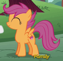 Size: 476x462 | Tagged: safe, derpibooru import, screencap, scootaloo, the cart before the ponies, animated, cute, cutealoo, cutie mark, discovery family logo, headbob, loop, nodding, party soft, the cmc's cutie marks