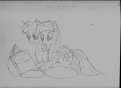 Size: 7014x5100 | Tagged: safe, artist:taurson, twilight sparkle, twilight sparkle (alicorn), twilight velvet, alicorn, pony, unicorn, absurd resolution, book, cute, female, mare, monochrome, mother and child, mother and daughter, parent and child, reading, traditional art