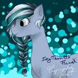 Size: 600x600 | Tagged: safe, artist:ivey:thorn192flamex, derpibooru import, oc, oc only, oc:cupcake frost, earth pony, pony, :), blue, braid, cute, female, filly, green, happy, smiling, solo, white