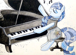 Size: 994x729 | Tagged: safe, artist:prettypinkpony, derpibooru import, coloratura, commission, eyes closed, music notes, piano, sitting, solo, traditional art