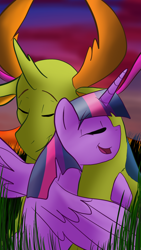 Size: 1080x1920 | Tagged: safe, artist:percy-mcmurphy, thorax, twilight sparkle, twilight sparkle (alicorn), alicorn, changedling, changeling, pony, to where and back again, :t, eyes closed, grass, hug, king thorax, male, open mouth, shipping, smiling, spread wings, straight, twirax