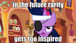 Size: 1280x720 | Tagged: safe, edit, edited screencap, screencap, twilight sparkle, pony, unicorn, eyepatch, female, future twilight, image macro, in the future, mare, meme, solo, unamused