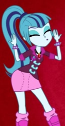 Size: 281x542 | Tagged: safe, screencap, sonata dusk, equestria girls, rainbow rocks, battle of the bands, bracelet, cropped, eyes closed, heart, jewelry, music notes, pendant, red background, simple background, solo, spikes